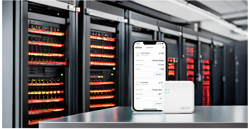 A high-tech server room with a focus on temperature monitoring, highlighting Necto's integration