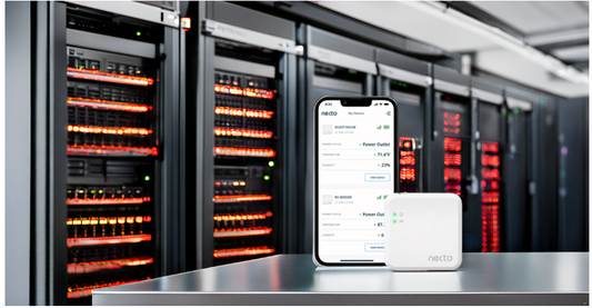  A high-tech server room with a focus on temperature monitoring, highlighting Necto's integration