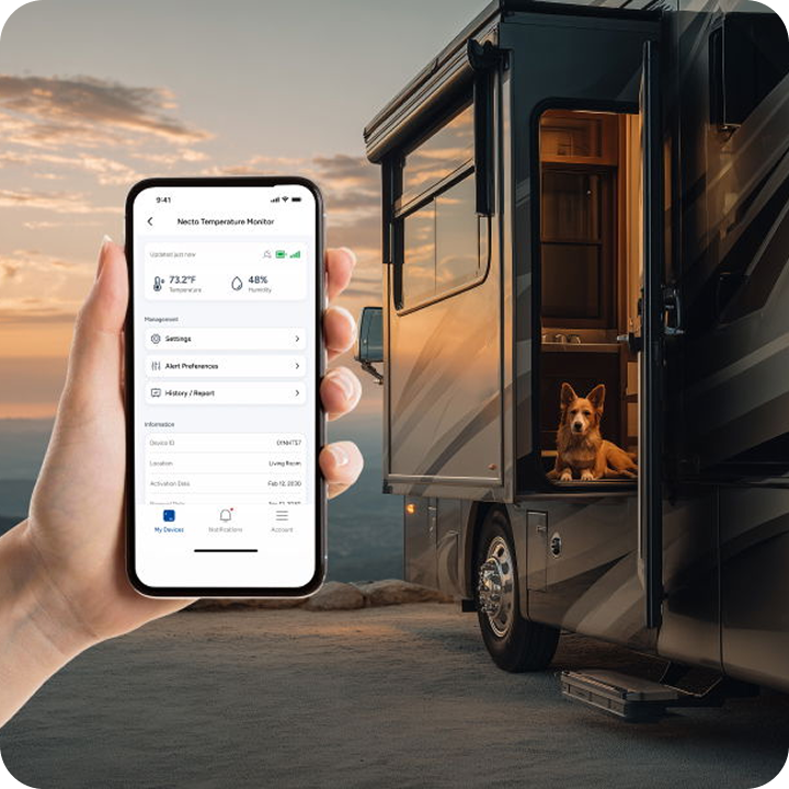 Pet temperature monitoring app displayed on a smartphone beside a dog inside an RV